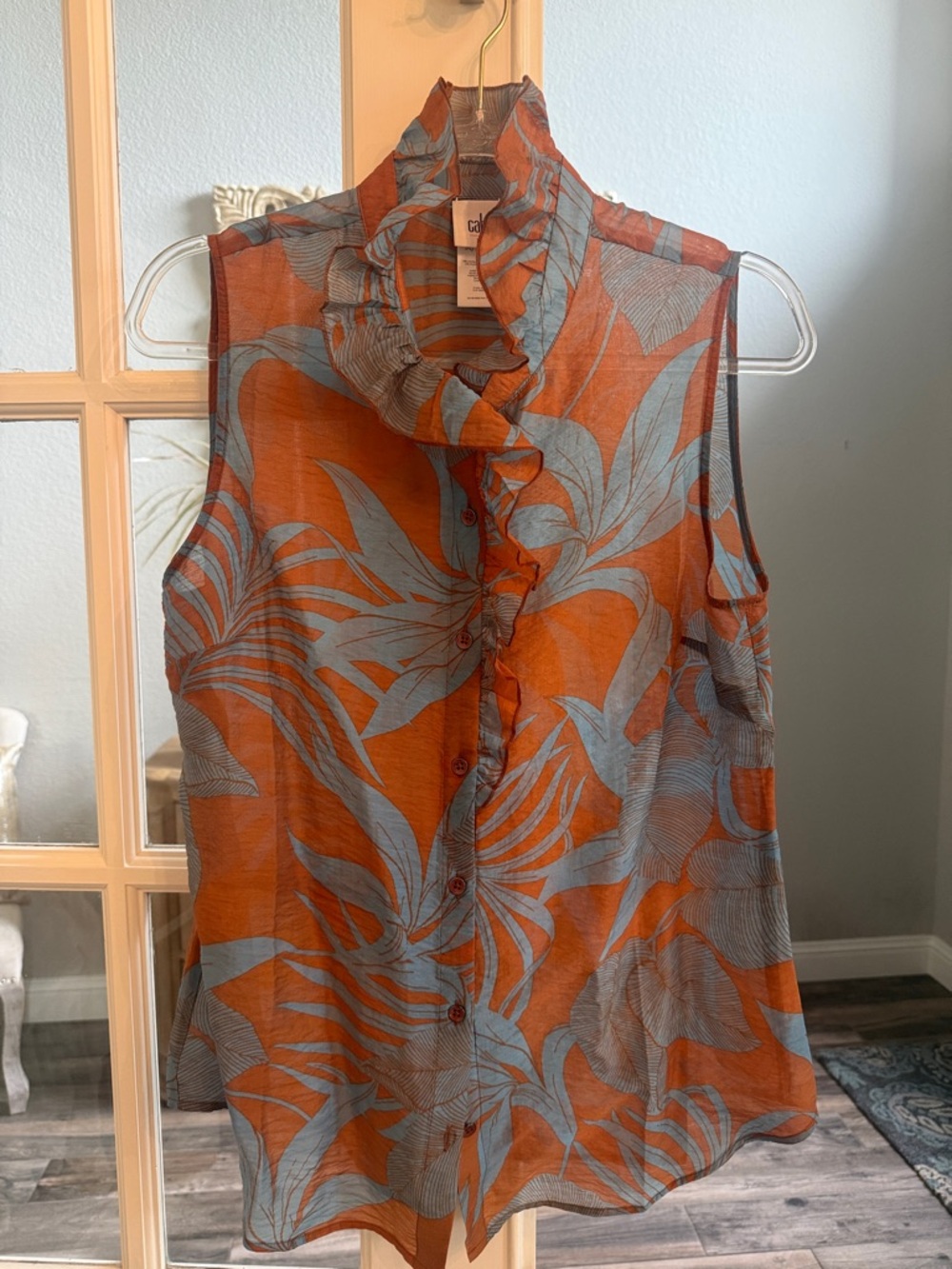 NWOT CAbi Orange and Blue Tropical Ruffle-Sleeveless Blouse